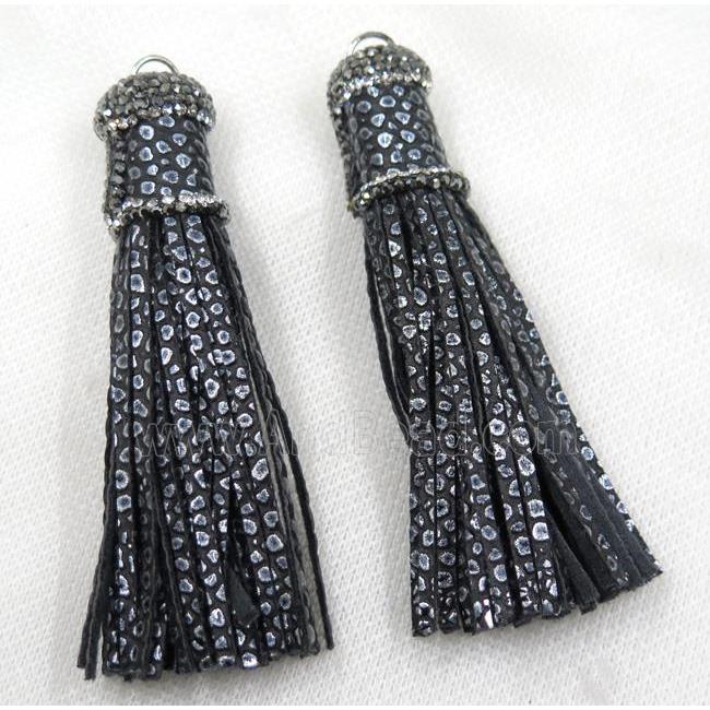 black PU leather tassel pave rhinestone