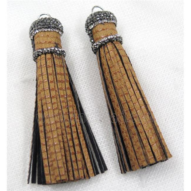 brown PU leather tassel pave rhinestone