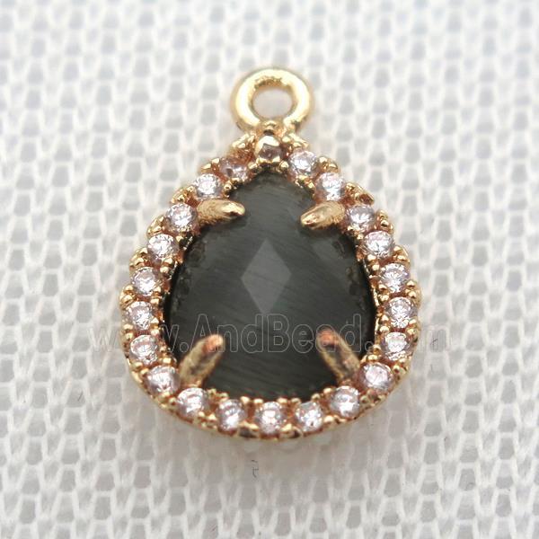 copper teardrop pendant pave zircon with grey crystal glass, gold plated