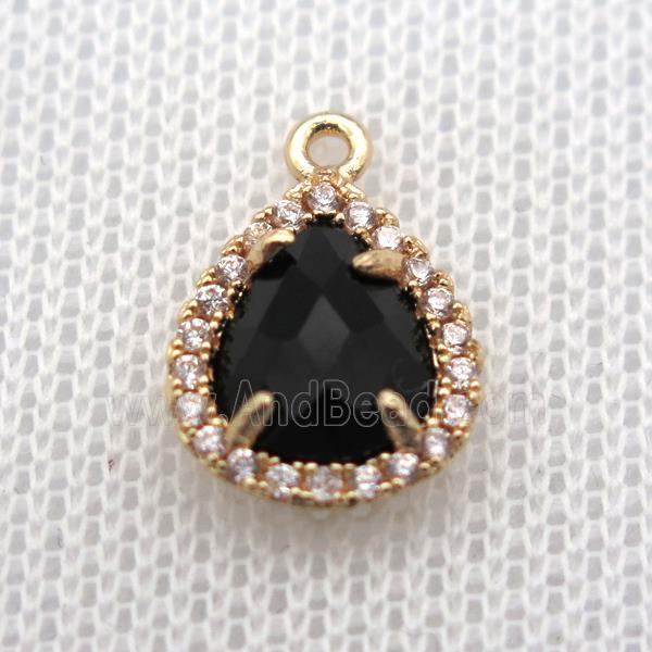 copper teardrop pendant pave zircon with black crystal glass, gold plated