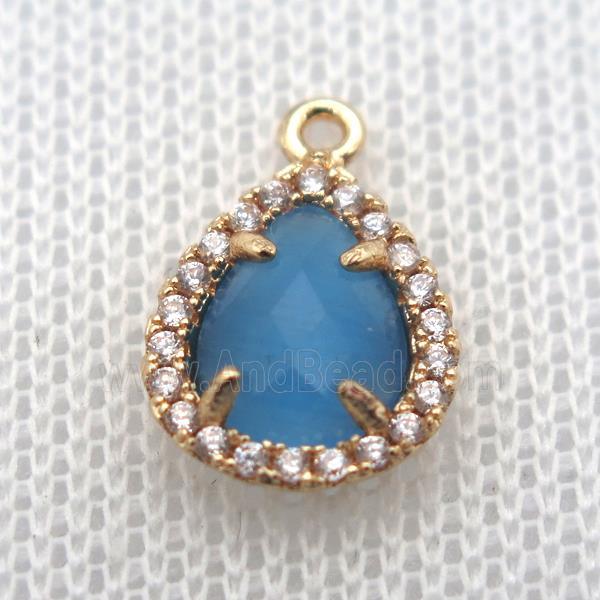 copper teardrop pendant pave zircon with blue crystal glass, gold plated