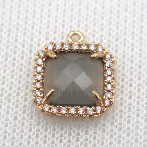 copper square pendant pave zircon with gray crystal glass, gold plated