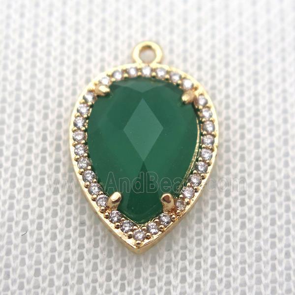 copper teardrop pendant pave zircon with green crystal glass, gold plated