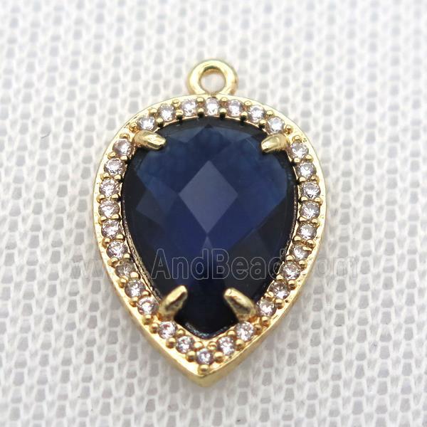 copper teardrop pendant pave zircon with deepblue crystal glass, gold plated