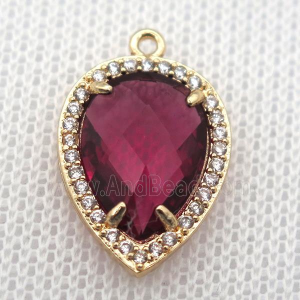 copper teardrop pendant pave zircon with redwine crystal glass, gold plated
