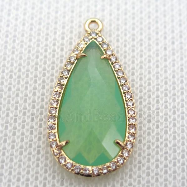 copper teardrop pendant pave zircon with green crystal glass, gold plated