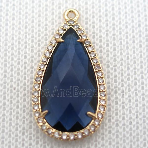 copper teardrop pendant pave zircon with blue crystal glass, gold plated
