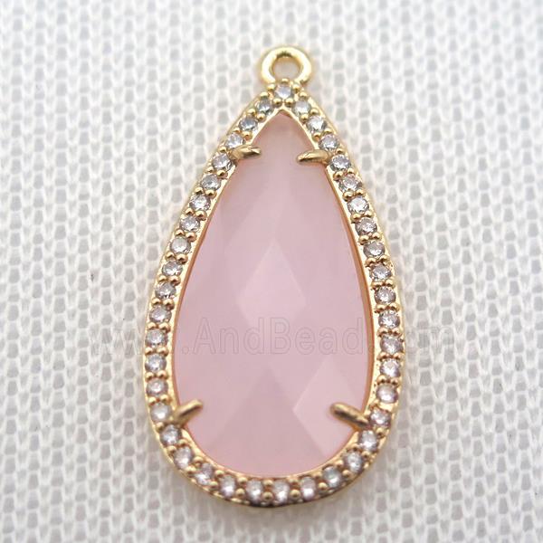 copper teardrop pendant pave zircon with pink crystal glass, gold plated