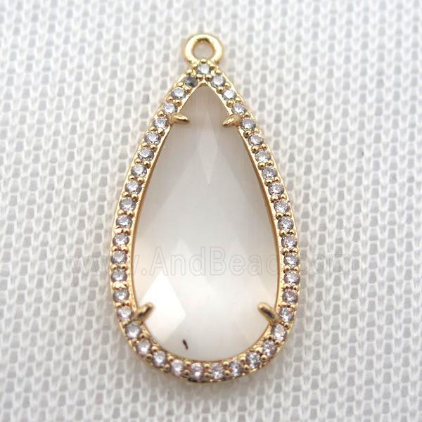 copper teardrop pendant pave zircon with white crystal glass, gold plated