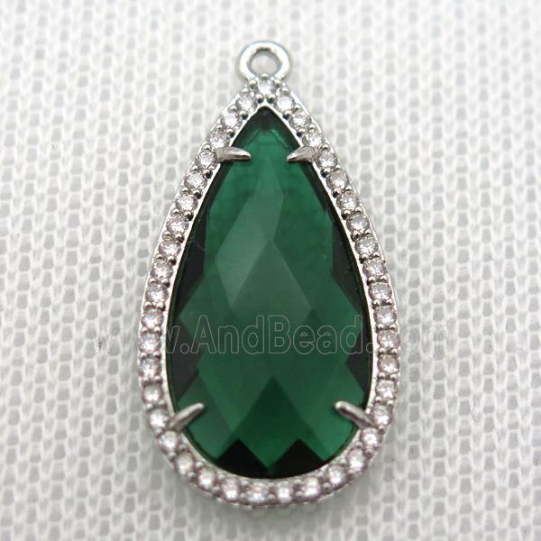 copper teardrop pendant pave zircon with deepgreen crystal glass, platinum plated