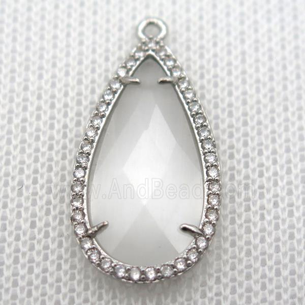 copper teardrop pendant pave zircon with white crystal glass, platinum plated