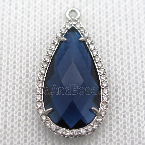 copper teardrop pendant pave zircon with deepblue crystal glass, platinum plated