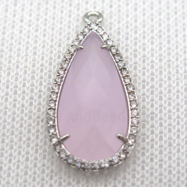 copper teardrop pendant pave zircon with pink crystal glass, platinum plated