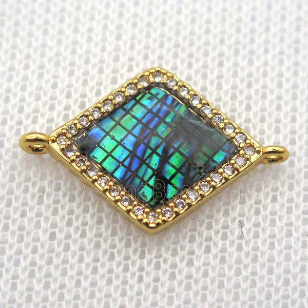 copper rhombus connector paved zircon with abalone shell, gold plated