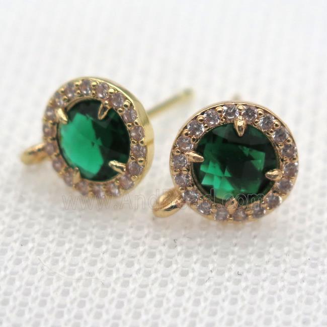copper circle stud Earrings pave zircon with emerald crystal glass, gold plated