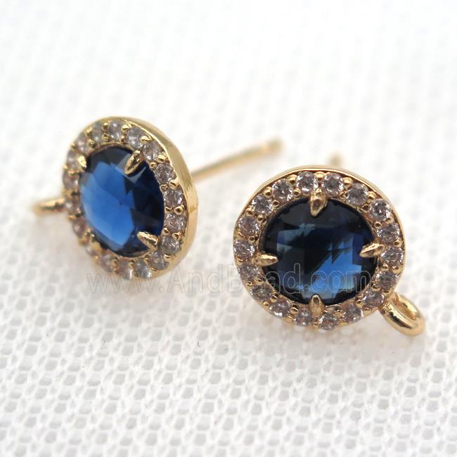 copper circle stud Earrings pave zircon with blue crystal glass, gold plated