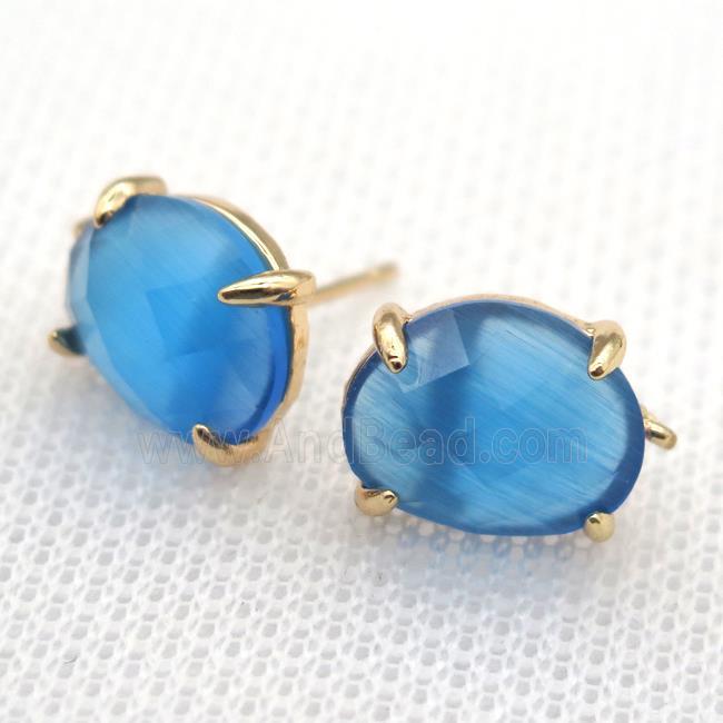 copper stud Earrings with blue crystal glass, gold plated