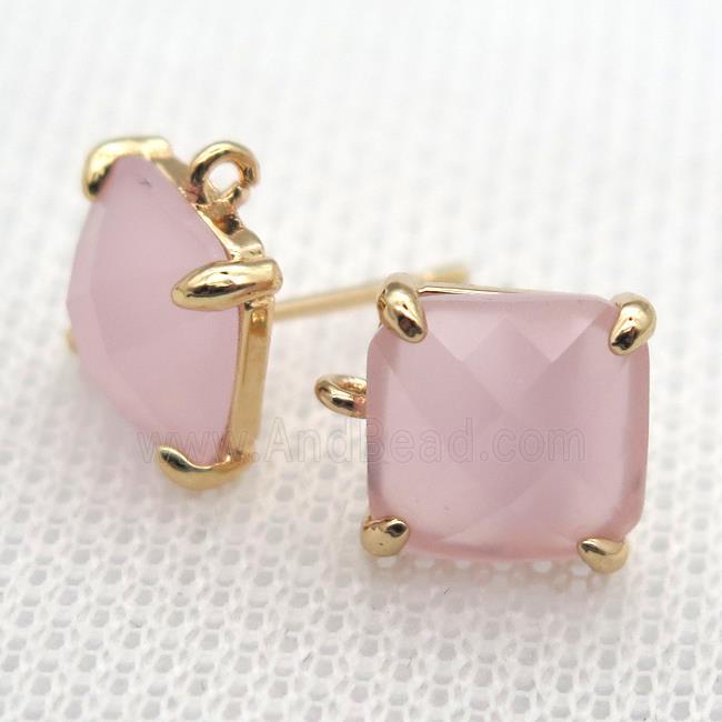 copper square stud Earrings with lt.pink crystal glass, gold plated