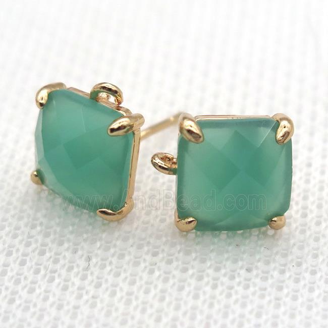 copper square stud Earrings with green crystal glass, gold plated