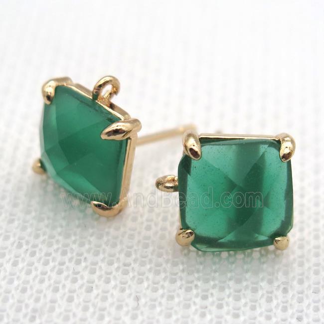 copper square stud Earrings with green crystal glass, gold plated