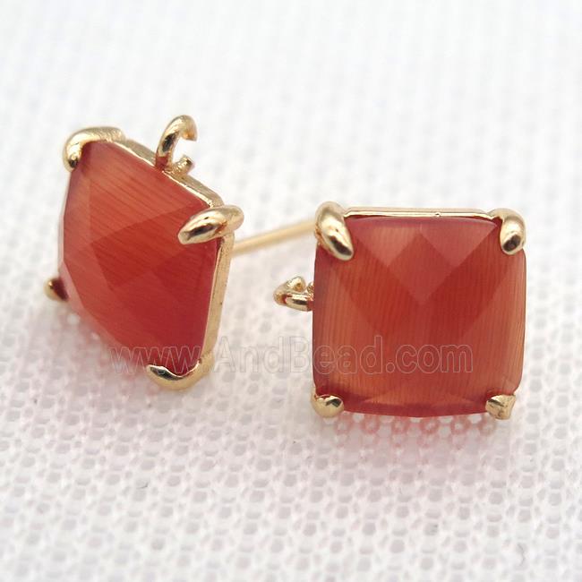 copper square stud Earrings with red crystal glass, gold plated
