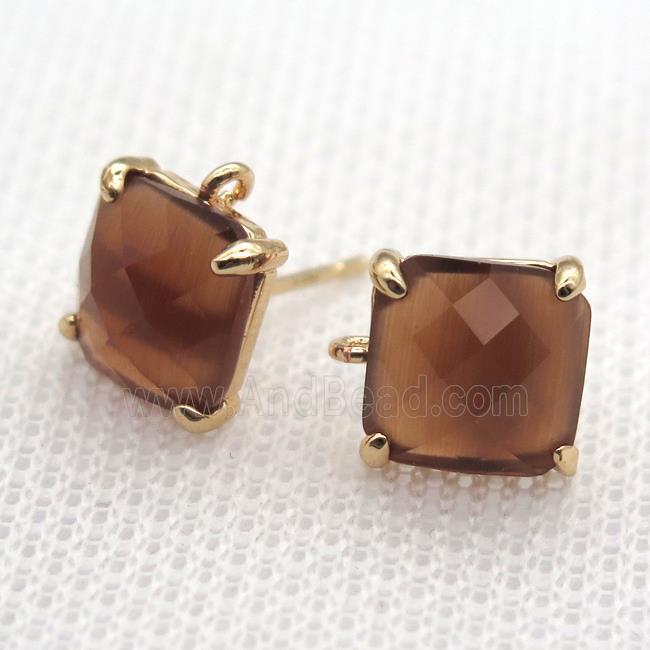 copper square stud Earrings with crystal glass, gold plated