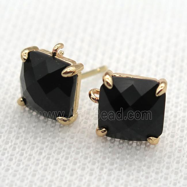 copper square stud Earrings with black crystal glass, gold plated