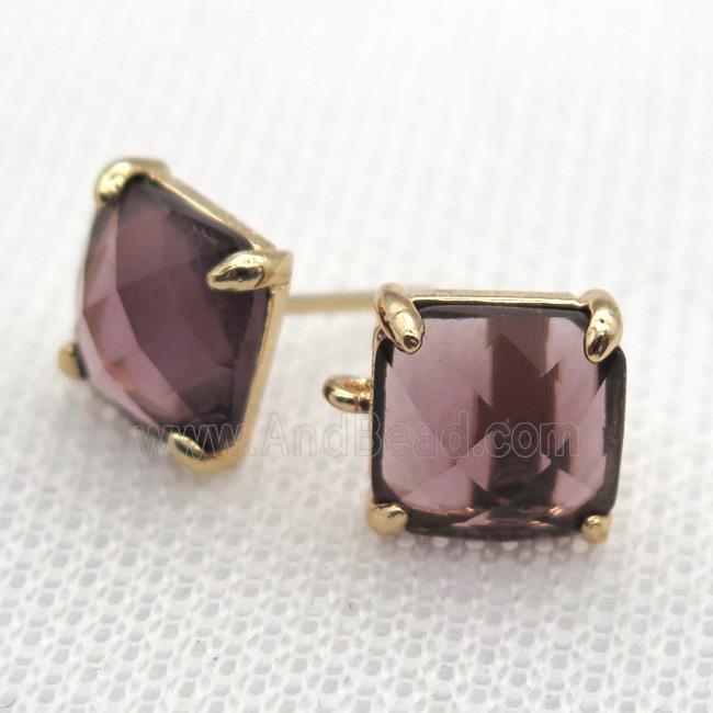 copper square stud Earrings with purple crystal glass, gold plated