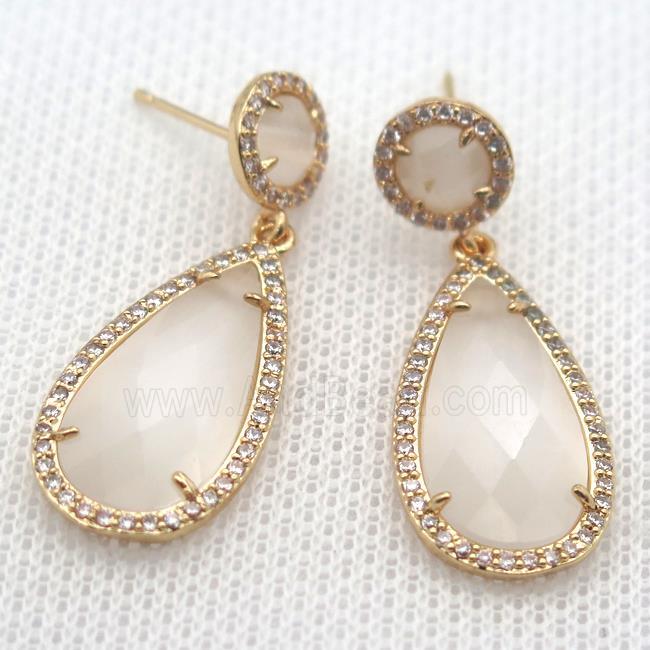 copper teardrop stud Earrings pave zircon with white crystal glass, gold plated