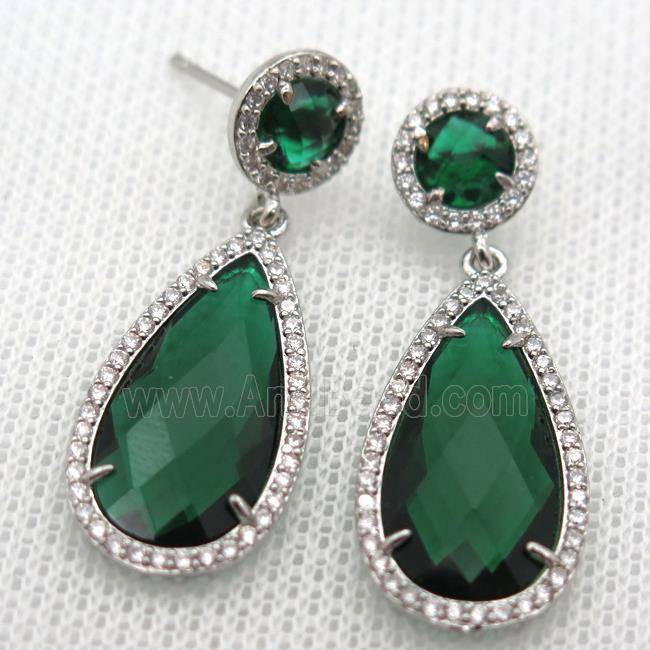 copper teardrop stud Earrings pave zircon with green crystal glass, platinum plated