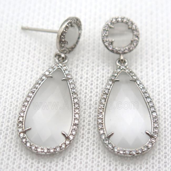 copper teardrop stud Earrings pave zircon with white crystal glass, platinum plated