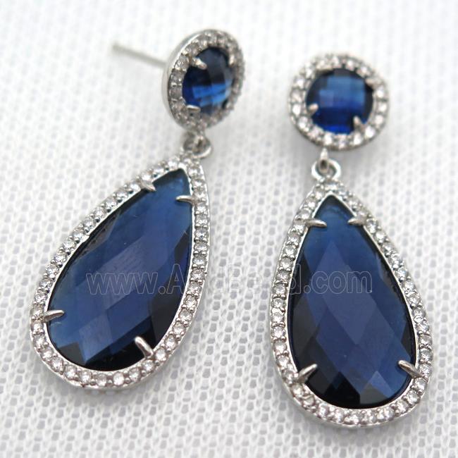 copper teardrop stud Earrings pave zircon with blue crystal glass, platinum plated