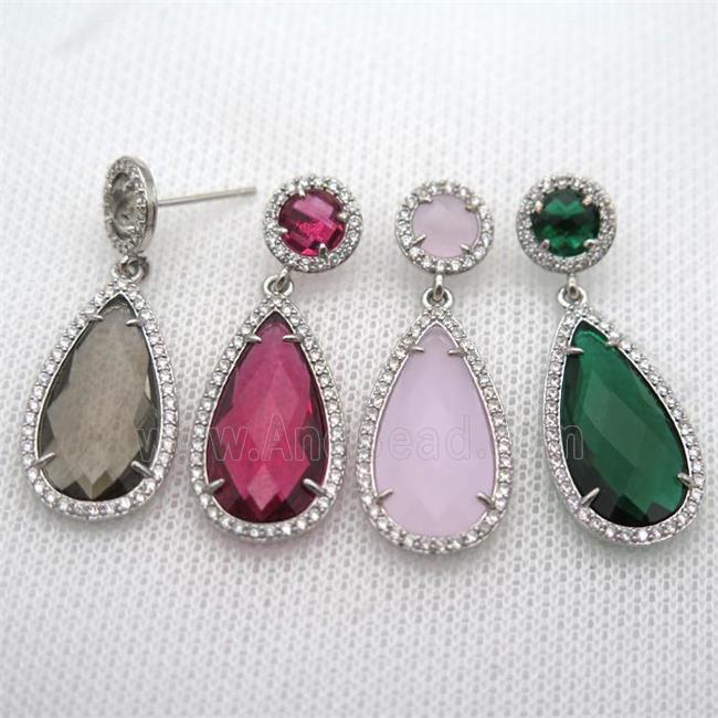 copper teardrop stud Earrings pave zircon with crystal glass, mixed, platinum plated