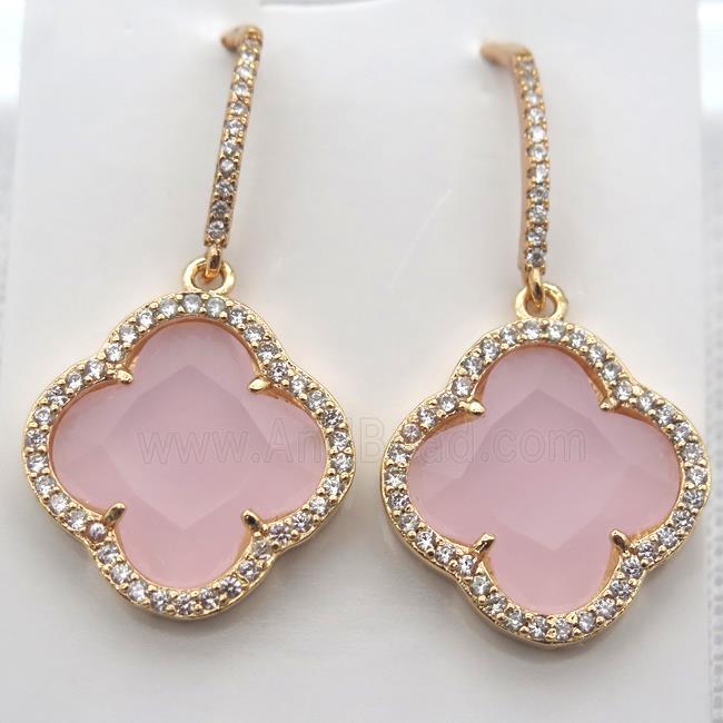 copper clover Hoop Earrings pave zircon with pink crystal glass, gold plated