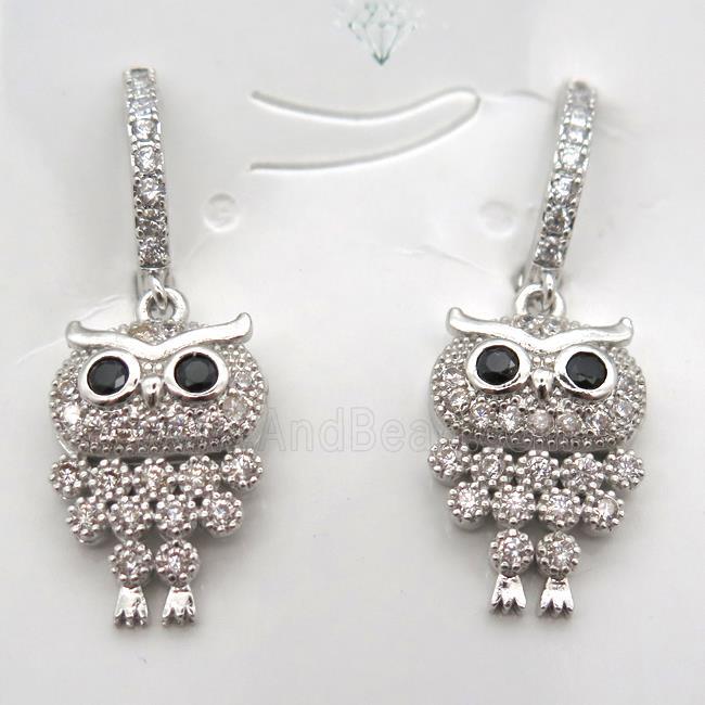 copper owl Hoop Earrings pave zircon, platinum plated