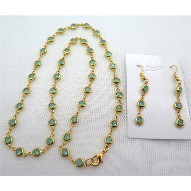 copper Jewelry Sets with green zircon, gold plated