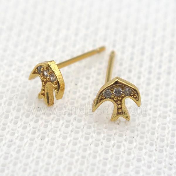 copper Studs Earrings pave zircon, swallow, gold plated