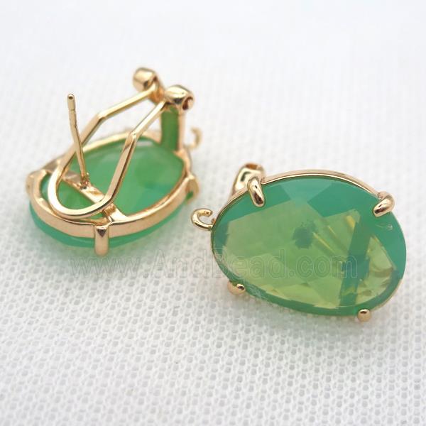 copper clip Earrings with green crystal glass, gold plated