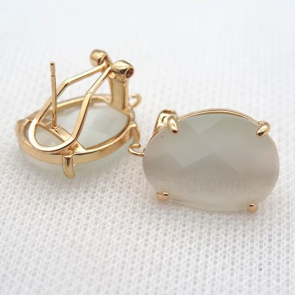 copper clip Earrings with white crystal glass, gold plated