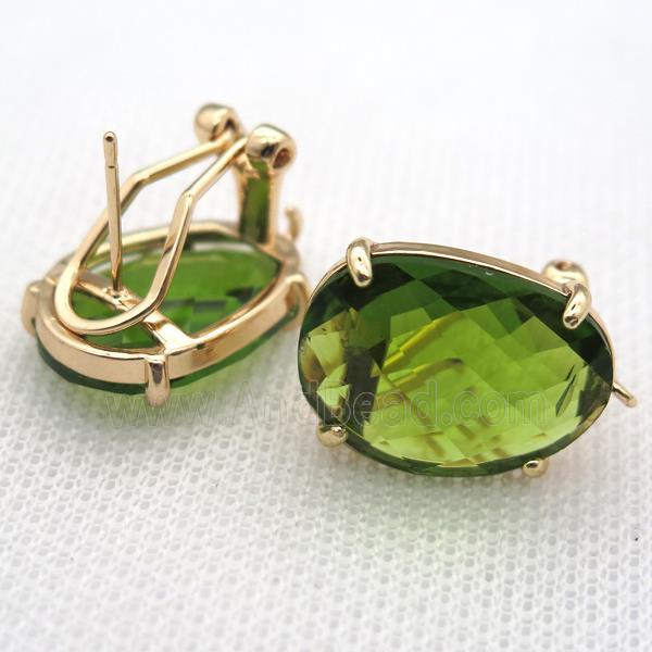 copper clip Earrings with green crystal glass, gold plated