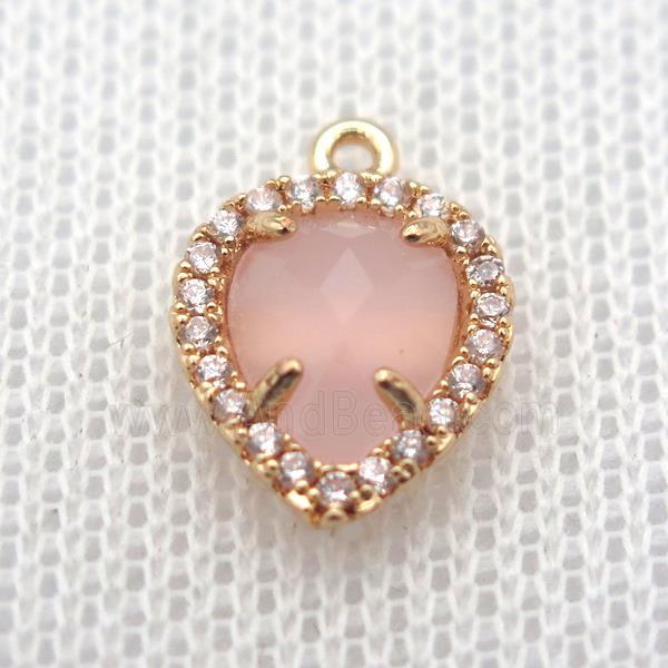 copper teardrop pendant pave zircon with pink crystal glass, gold plated