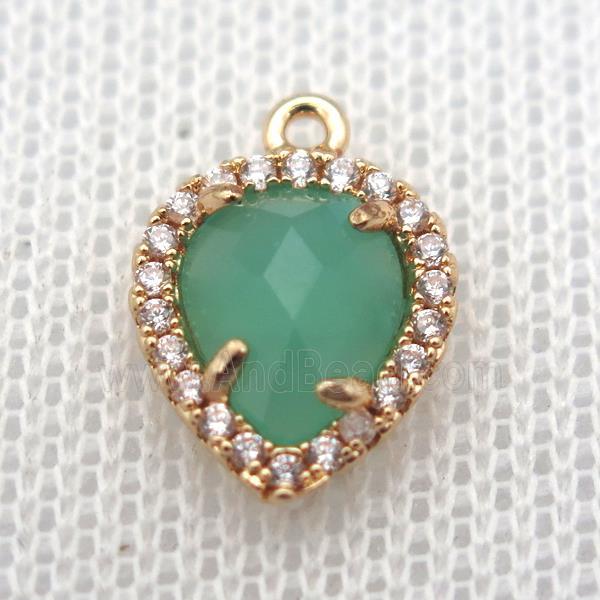 copper teardrop pendant pave zircon with green crystal glass, gold plated