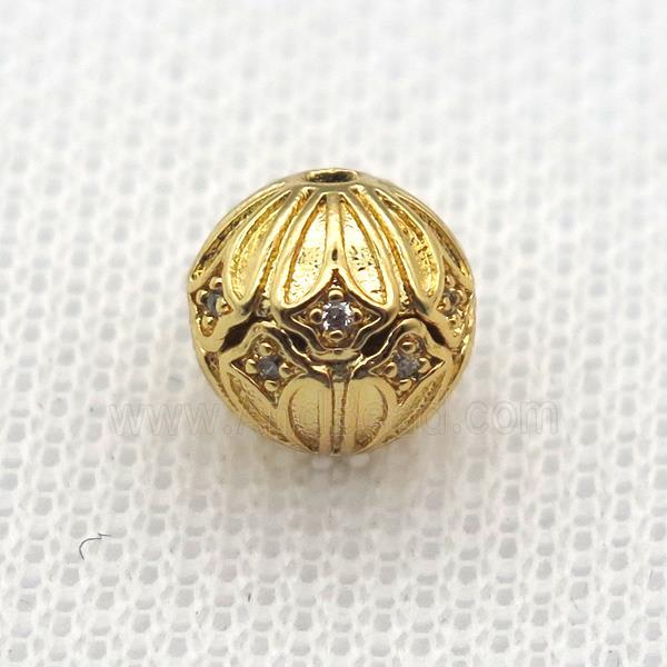 round copper beads paved zircon, gold plated