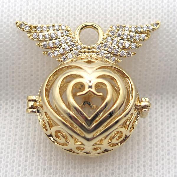 copper locket pendant pave zircon with angel wing, gold plated