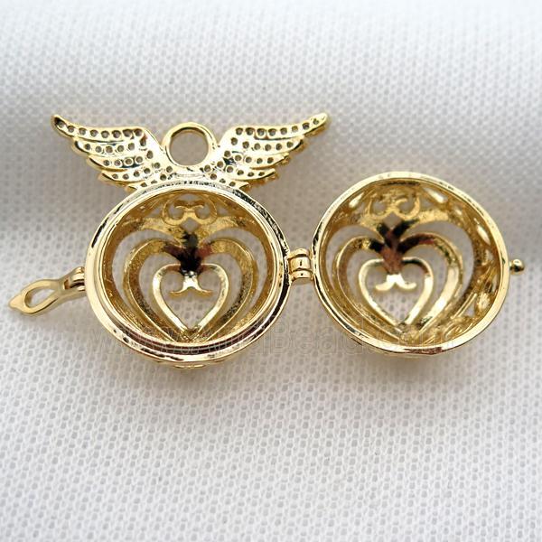 copper locket pendant pave zircon with angel wing, gold plated
