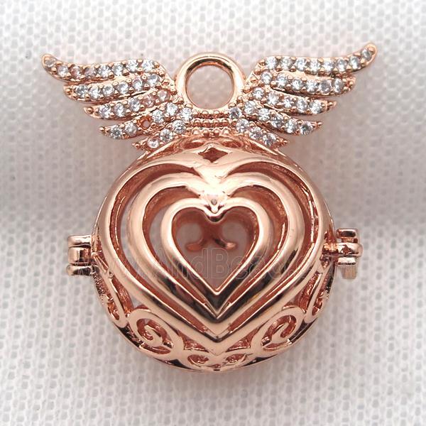 copper locket pendant pave zircon with angel wing, rose gold