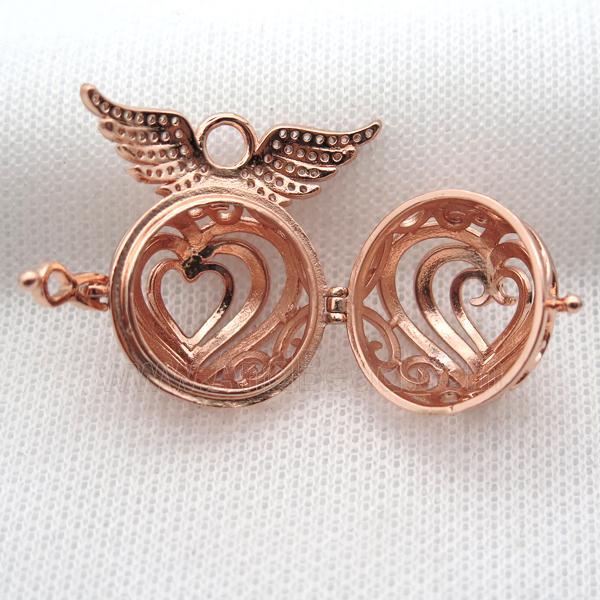 copper locket pendant pave zircon with angel wing, rose gold