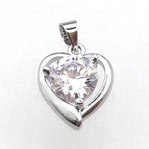 copper heart pendant pave zircon, platinum plated