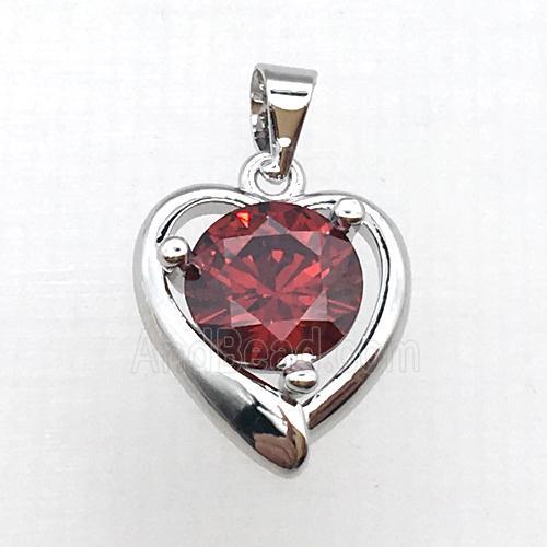 copper heart pendant pave red zircon, platinum plated