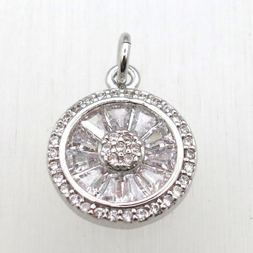 copper circle pendant pave zircon, platinum plated